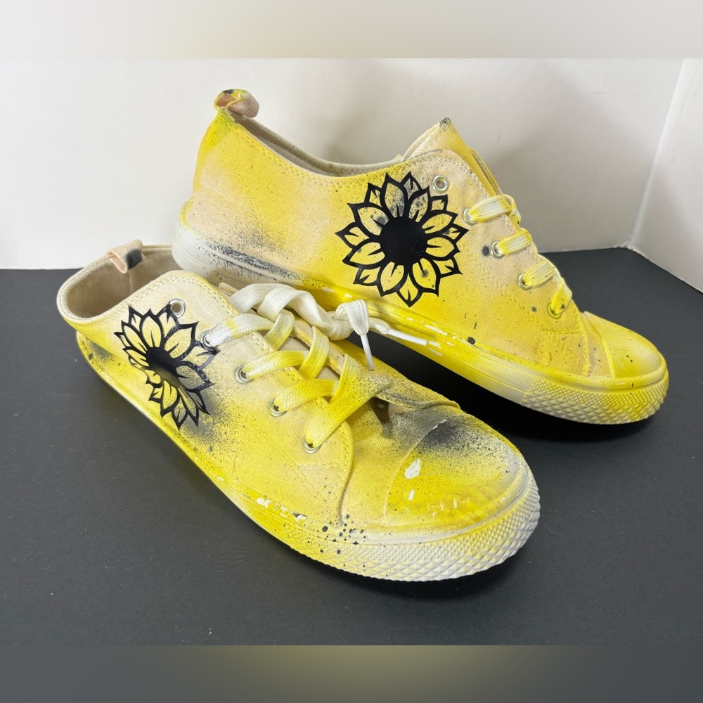 Custom Upcycled White Sunflower Sneakers - Size 10 -One of a Kind Paint Splatter